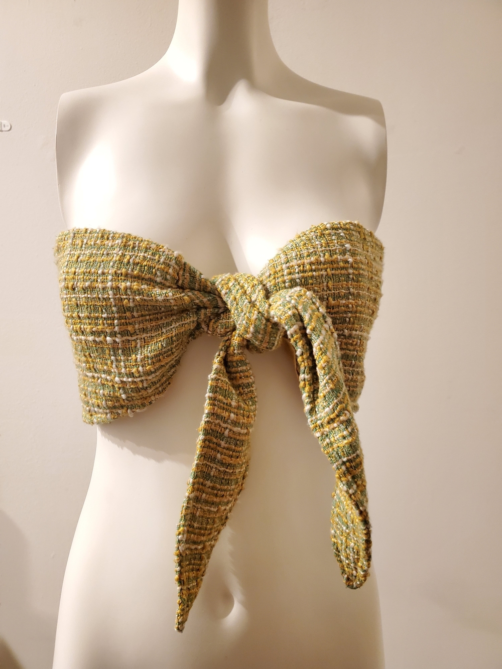 Tie-Front Tweed Bandeau Crop Top in Green